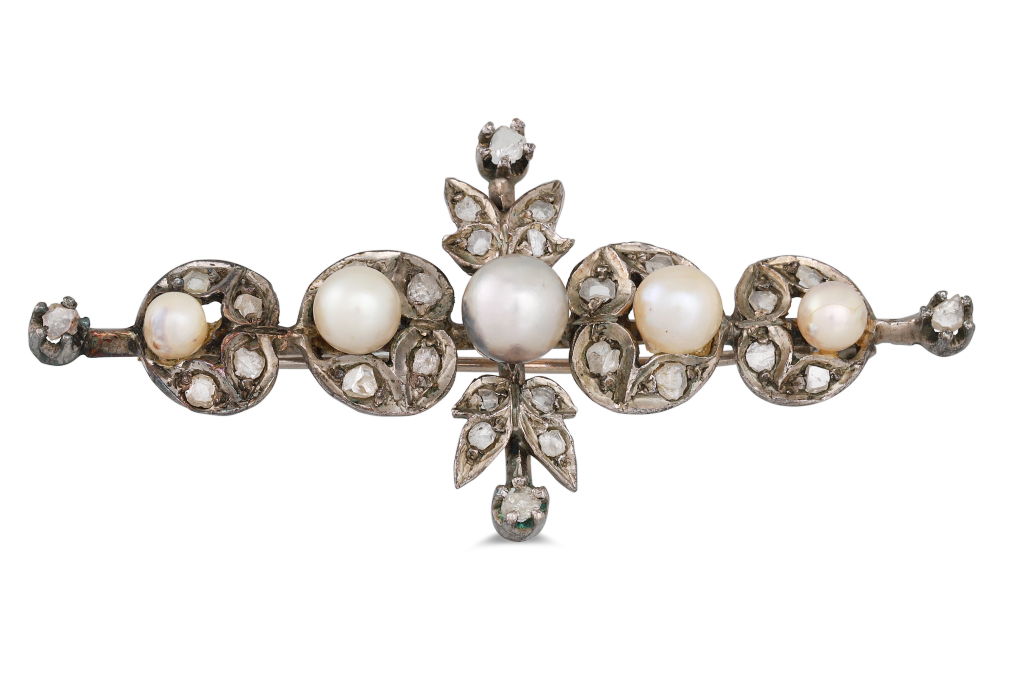 AN ANTIQUE DIAMOND AND CULTURED PEARL BROOCH, mounted in mixed white metal