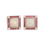 A PAIR OF RUBY, DIAMOND AND ROCK CRYSTAL EARRINGS, of square cluster form, mounted in platinum and