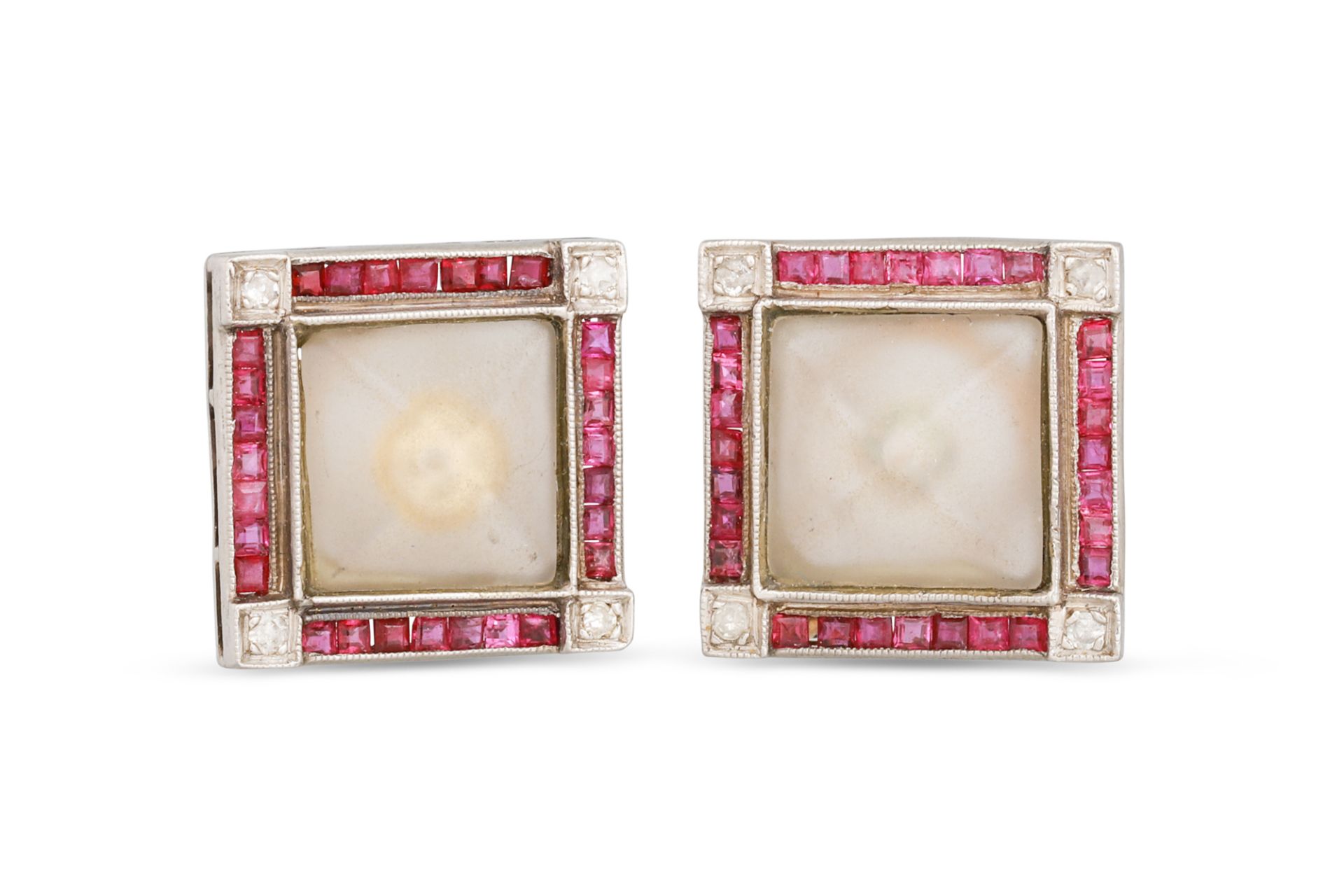 A PAIR OF RUBY, DIAMOND AND ROCK CRYSTAL EARRINGS, of square cluster form, mounted in platinum and