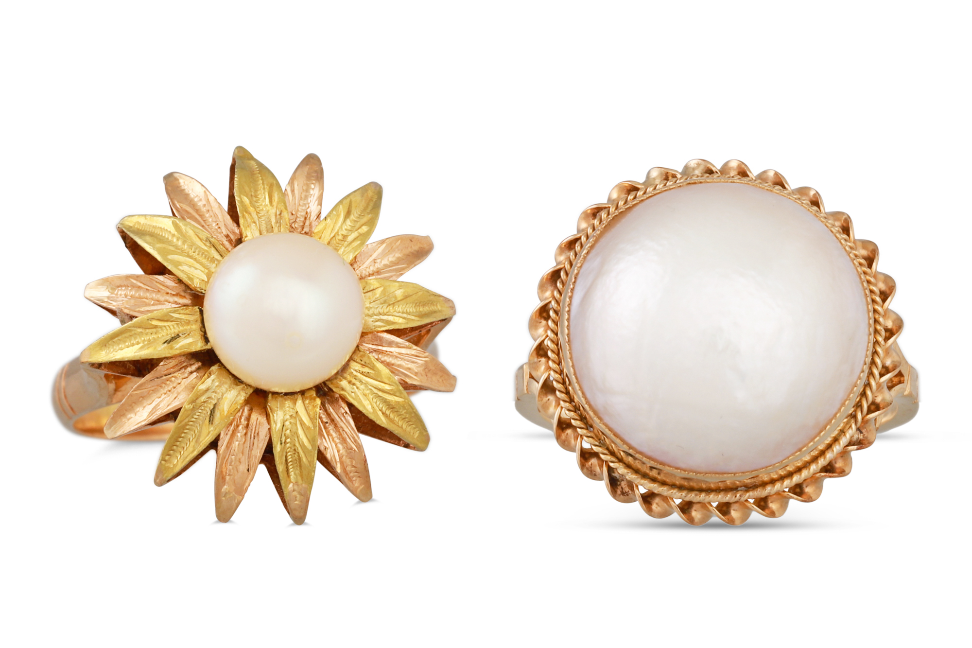 A MABE PEARL RING, mounted in yellow gold, together with a pearl set ring. Sizes: L and K-L