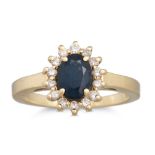 A SAPPHIRE AND DIAMOND CLUSTER RING, mounted in 14ct yellow gold, size J