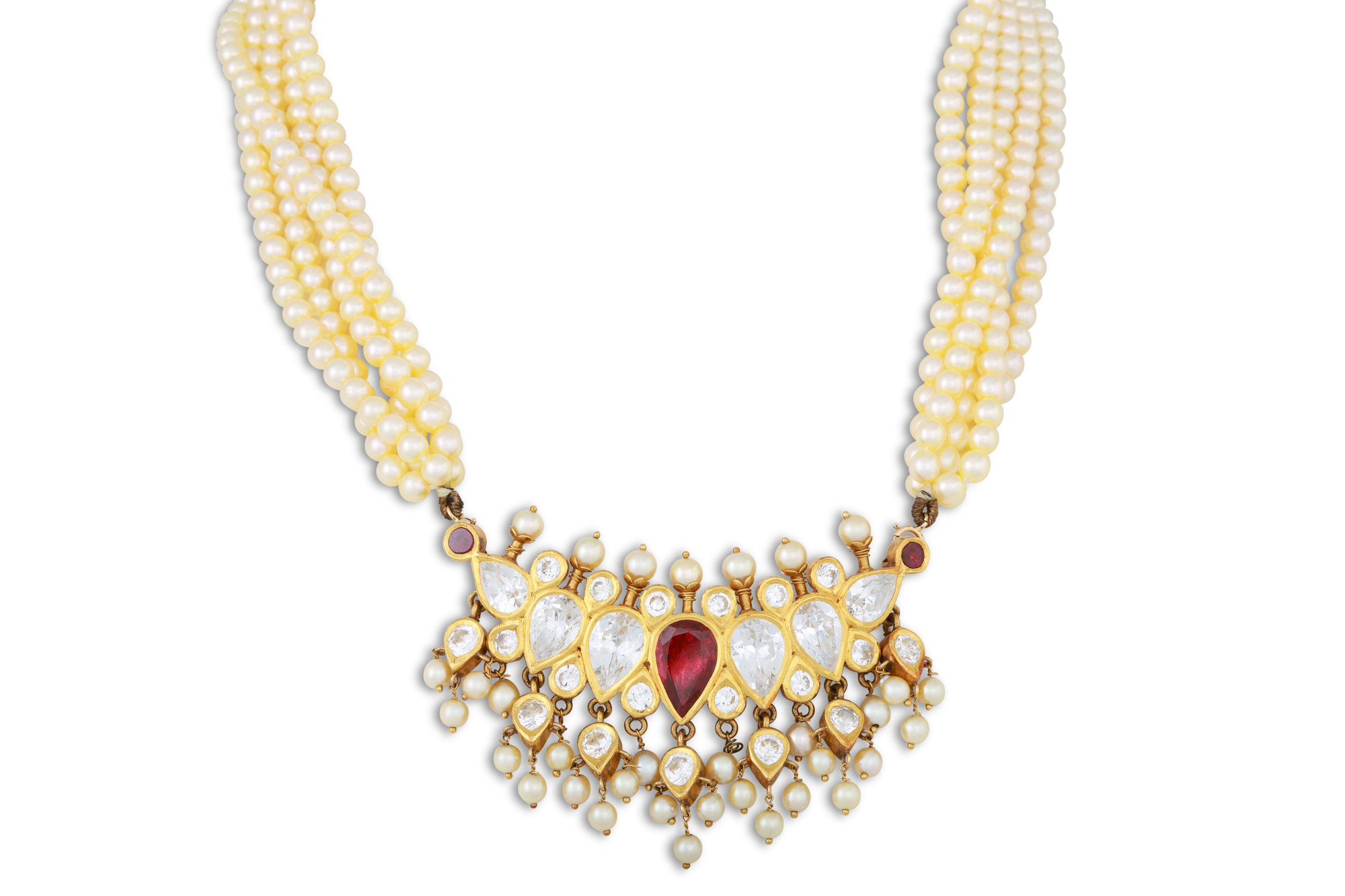 AN INDIAN CULTURED PEARL AND STONE SET NECK LACE, set in 21ct gold to a removable pearl back chain