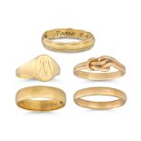 FIVE YELLOW GOLD RINGS, four hallmarked, ca 1960s, 18.4 g.