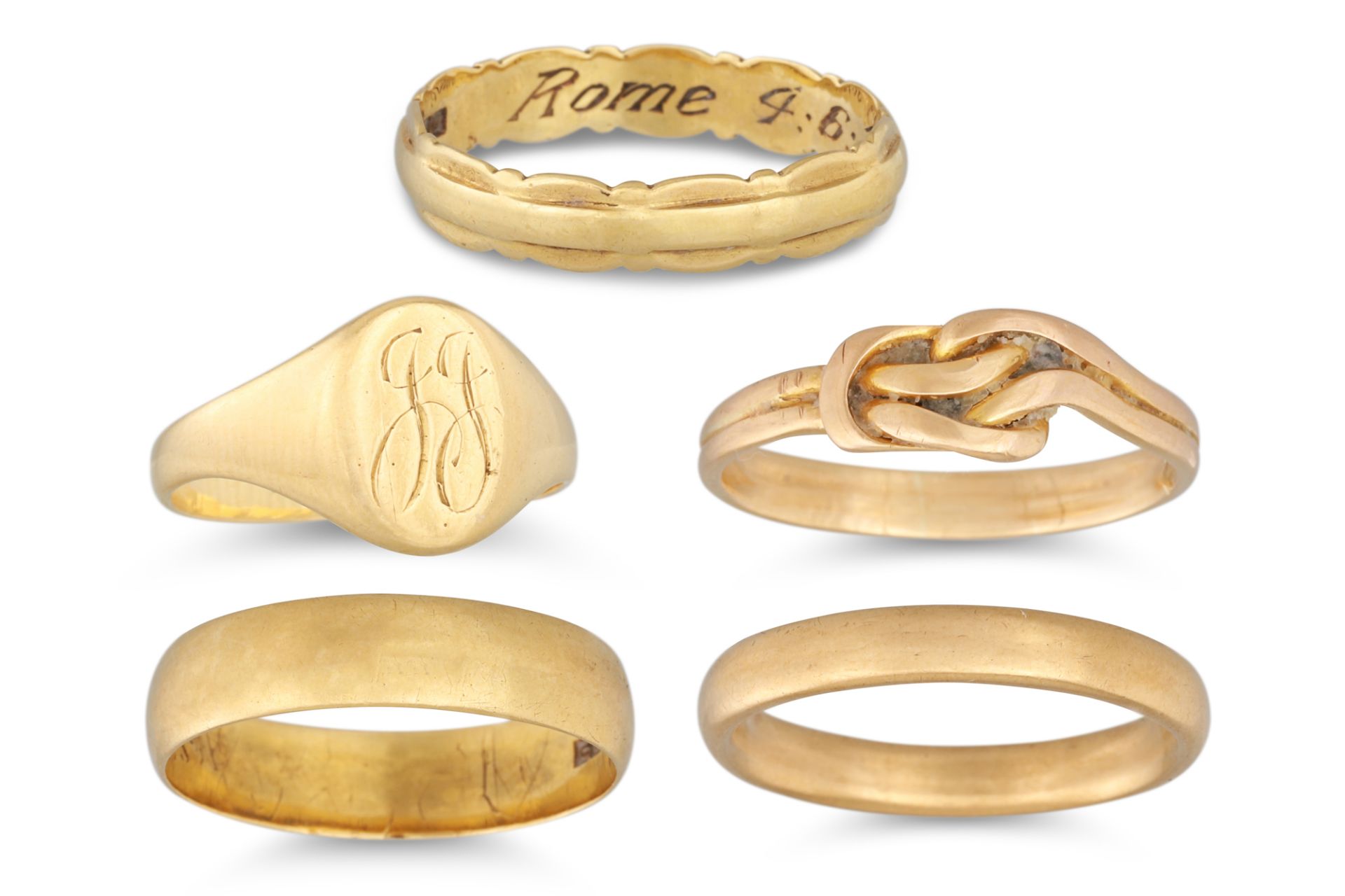 FIVE YELLOW GOLD RINGS, four hallmarked, ca 1960s, 18.4 g.