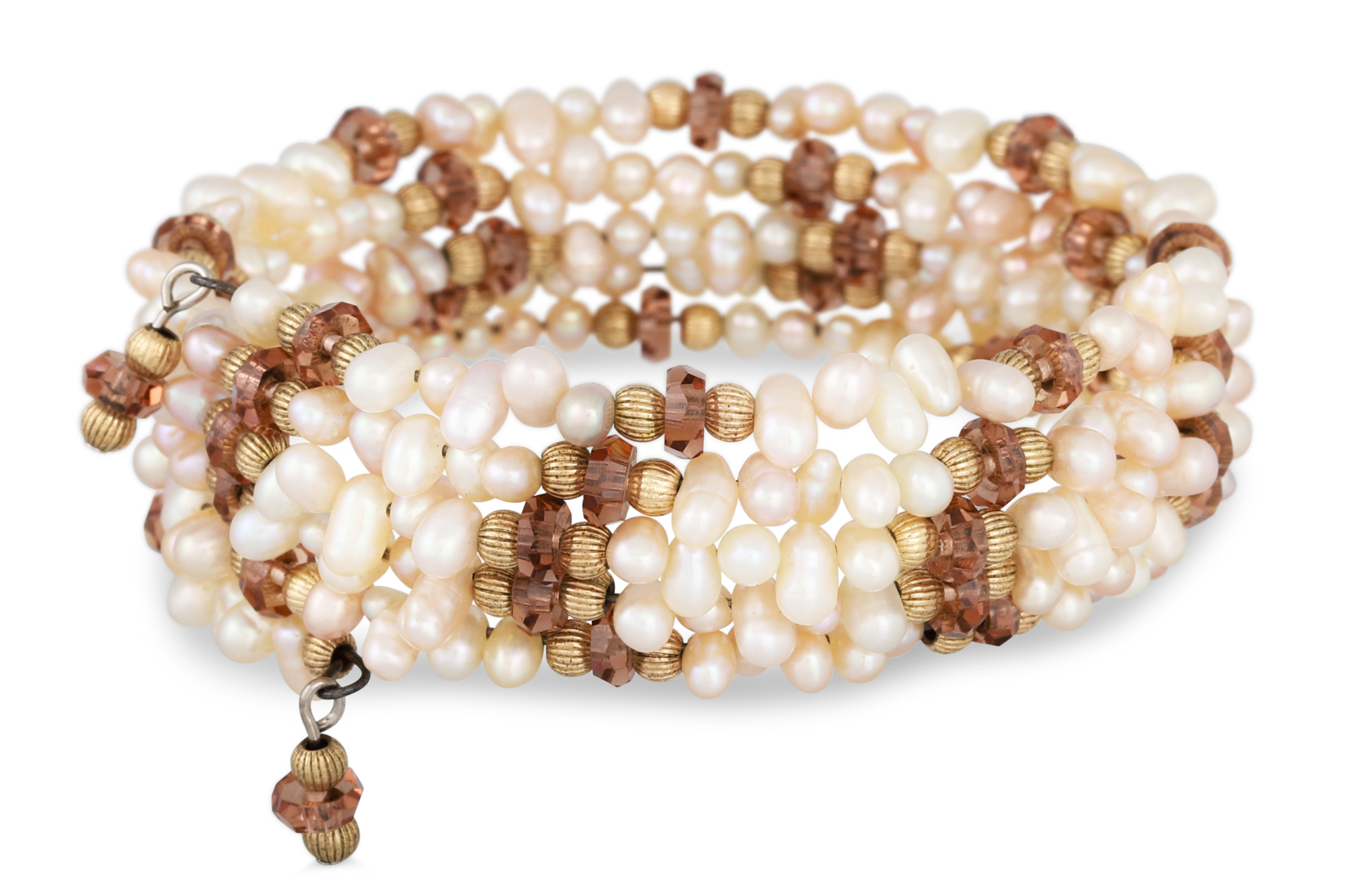A TIGER'S EYE BEADED MULTI STRANDED NECKLACE, together with a river pearl and gem set wrap bracelet, - Image 3 of 4