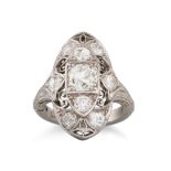 AN ART DECO BOAT SHAPED DIAMOND CLUSTER RING, the old cut diamonds mounted in platinum,