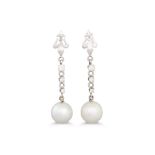 A PAIR OF DIAMOND AND PEARL DROP EARRINGS, the south sea pearls suspending from diamond lines,
