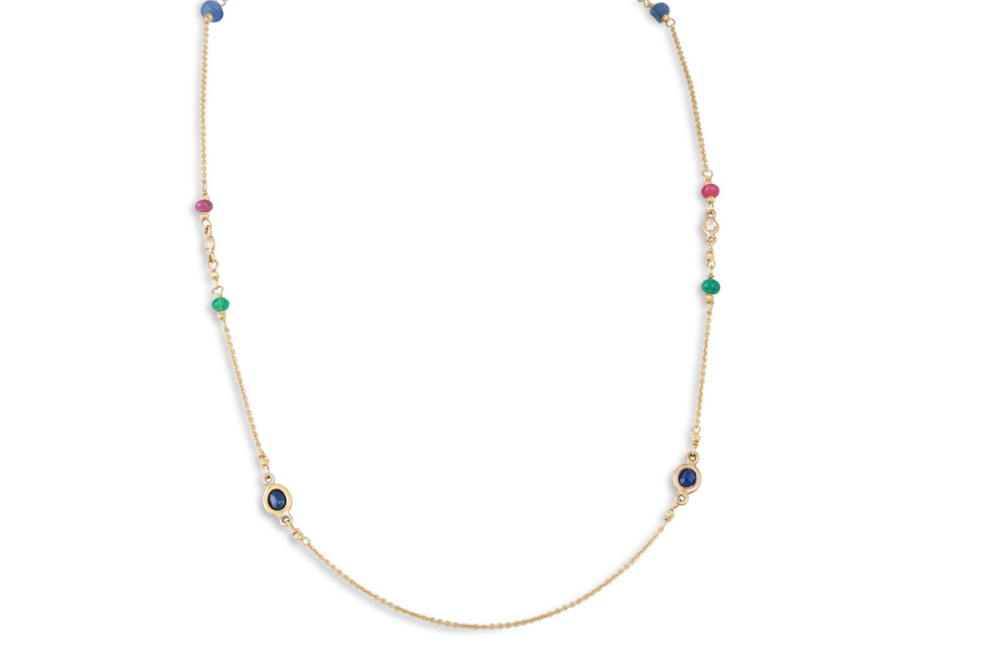 AN EMERALD, RUBY, SAPPHIRE AND DIAMOND SET NECKLACE, the beaded and faceted stones linked by 18ct