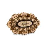 A VINTAGE 9CT GOLD SEED PEARL BROOCH, 6 g.