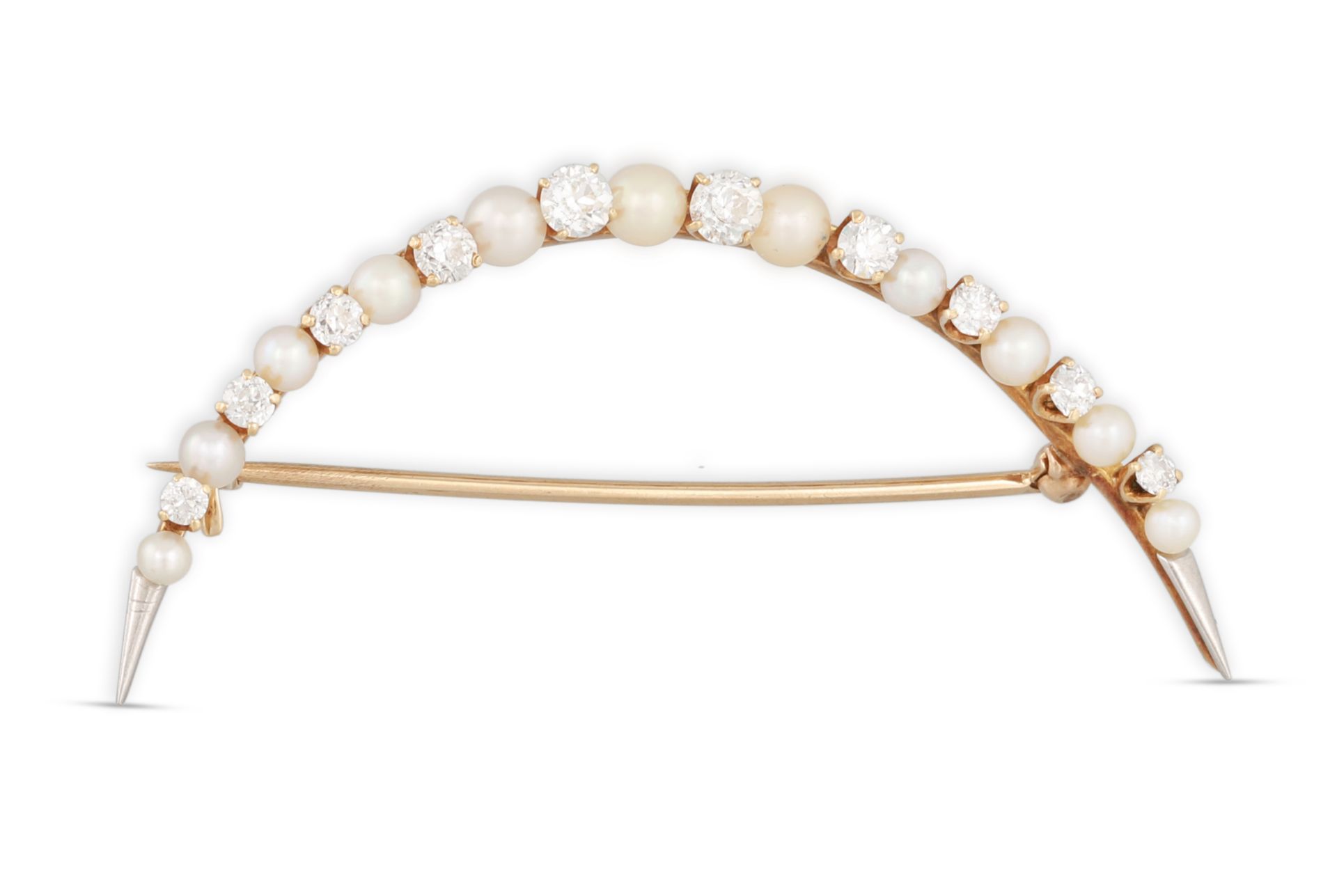A VICTORIAN PEARL AND DIAMOND CRESCENT BROOCH, set with alternating old cut diamonds and pearls,