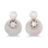 A PAIR OF DIAMOND AND PEARL EARRINGS, mounted in 14ct white gold, disk form. Estimated: weight of