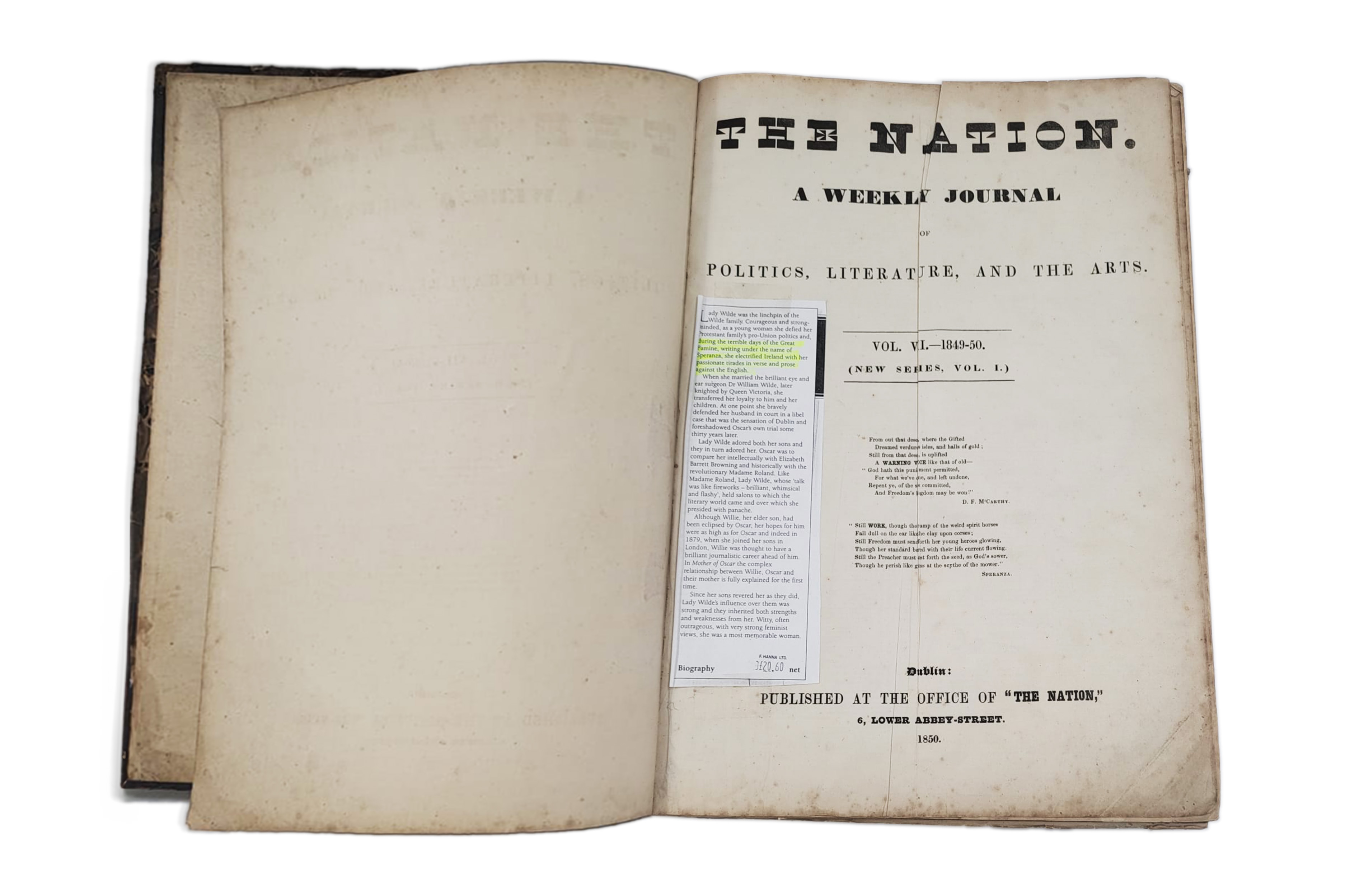 LITERATURE; THE NATION, A weekly Journal, Vol VII 1849–50, bound editions, published Dublin 1850