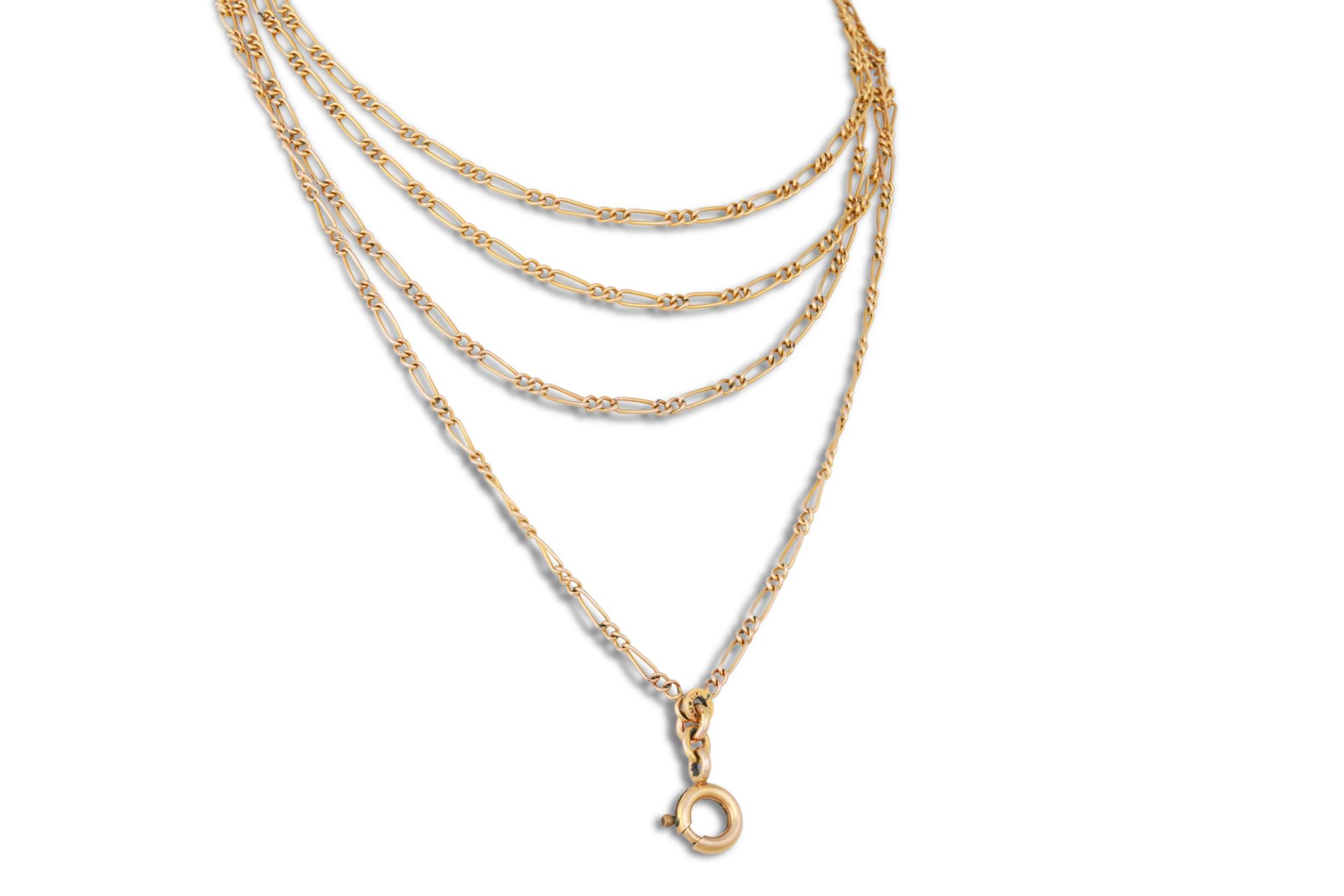 A VINTAGE GOLD FANCY LINK NECK CHAIN, 11.7 g. (tests 18ct)