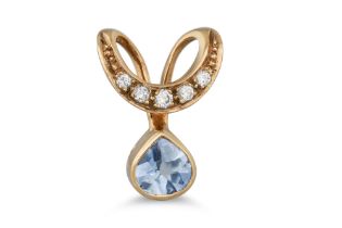 A SAPPHIRE AND DIAMOND PENDANT, the half moon shaped diamond panel to a pear shaped sapphire drop,