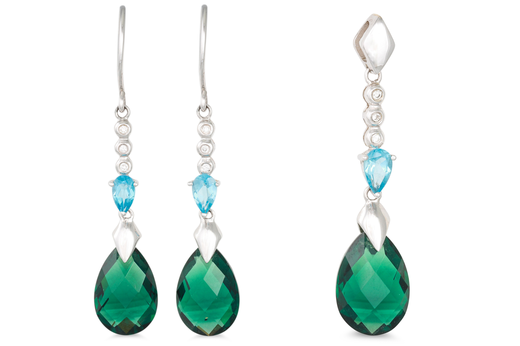 A PAIR OF TOPAZ AND GREEN GEMSTONE DROP EARRINGS, mounted in 18ct gold, with matching pendant