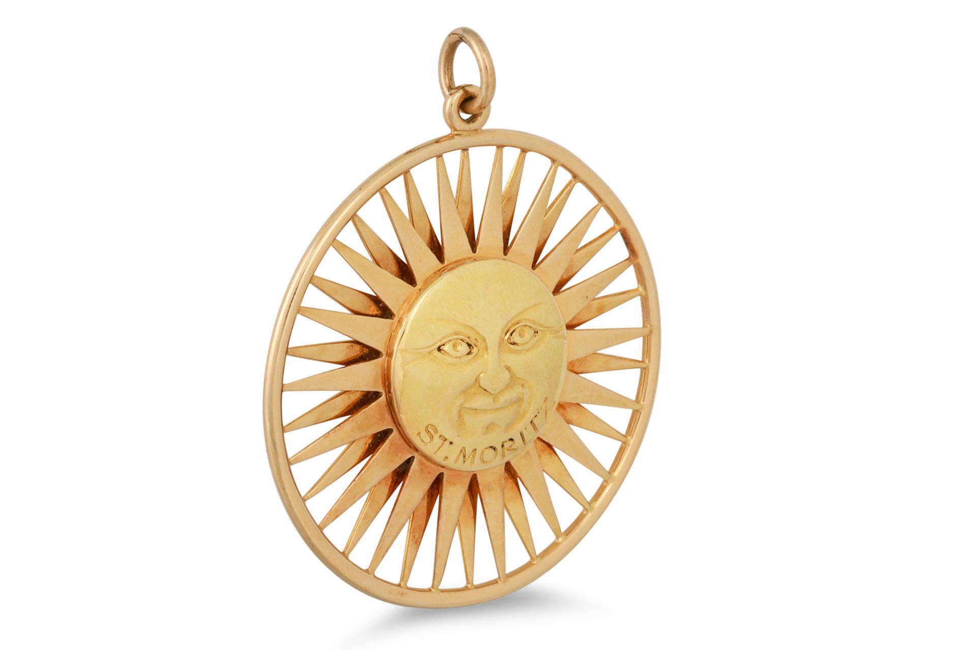 A CARVED CORAL AND 9CT GOLD BROOCH, a gold morning brooch and a sunburst 'St. Moritz' pendant - Image 2 of 4