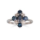 A DIAMOND AND SAPPHIRE CLUSTER RING, mounted in 9ct white gold, size L