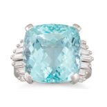 AN AQUAMARINE AND DIAMOND RING, the mixed cut aquamarine to baguette cut diamond shoulders,