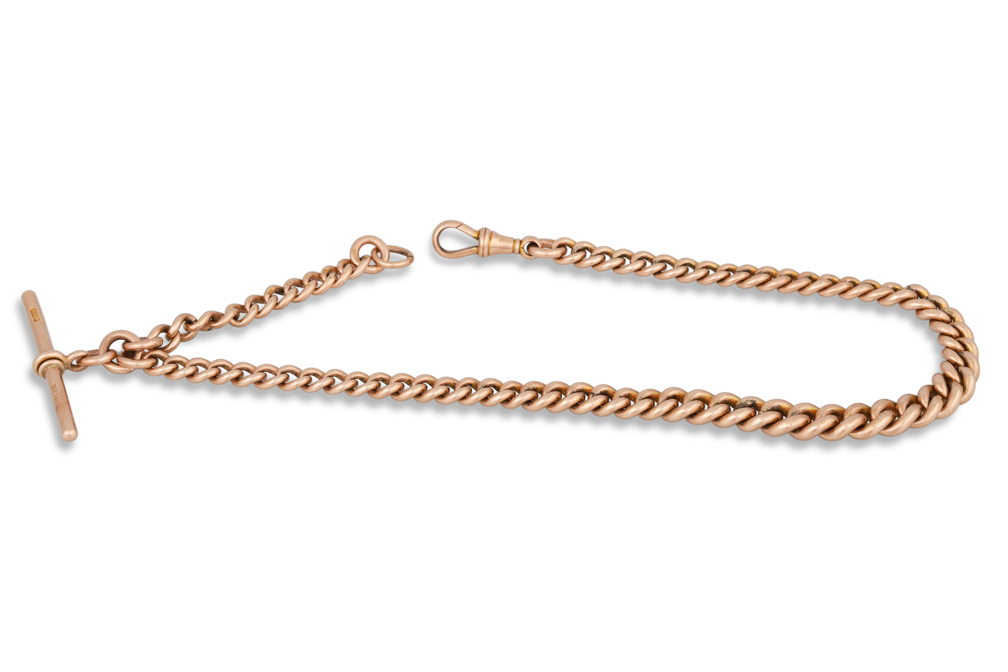 AN ANTIQUE GOLD CURB LINK ALBERT NECK CHAIN, graduated design, each link stamped 9, .375, 53.2 g.