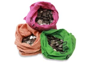 THREE SACKS OF IRISH DECIMAL COINS, small 5p 1.3 kg., large 5p 8.3 kg., small 10p 1.8 kg. (face