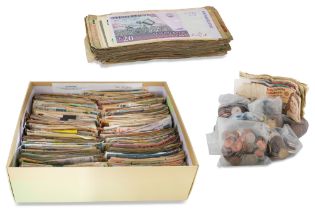 A LARGE BOX OF CIRCA 3,000 CIRCULATED BANKNOTES, mainly Asia & Africa, 1960 - 2010, 2.9 kg. weight