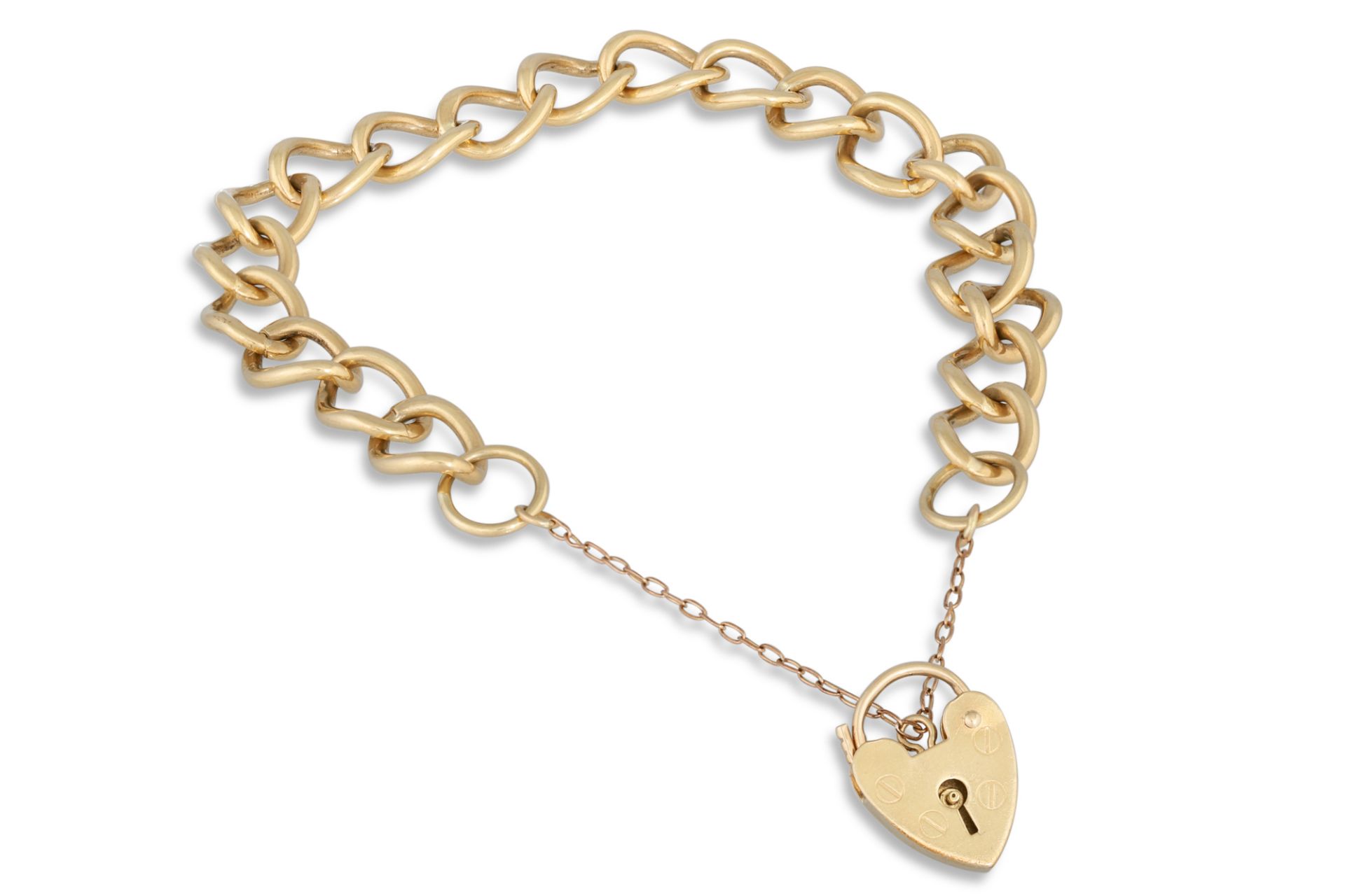 A 9CT GOLD CURB LINK BRACELET, padlock clasp, 19.2 g.