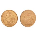 TWO GV FULL GOLD SOVEREIGN ENGLISH COINS, 1912 EF, 1918 Bombay GVF, each 22 ct. 8 g.