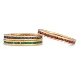 A SET OF THREE GOLD RINGS, set with emerald, ruby and sapphire