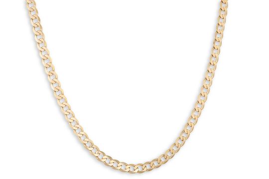 A 9CT GOLD FLAT CURB LINK CHAIN, 24.6 g.