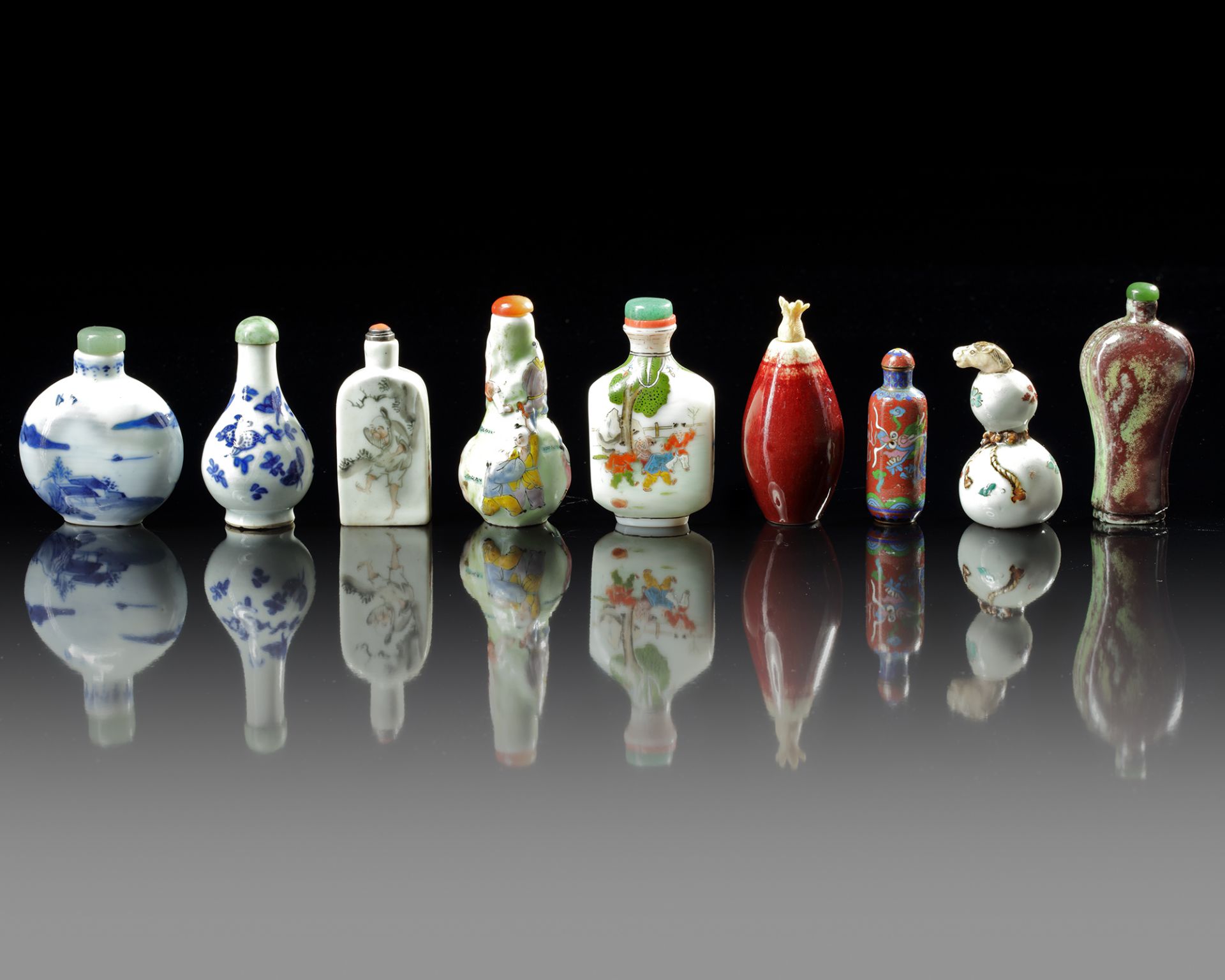 A GROUP OF NINE VARIOUS CHINESE SNUFF BOTTLES, 19TH-20TH CENTURY