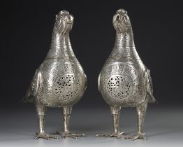 A PAIR OF SILVER PLATED BIRD INCENSE BURNERS, KHURASAN-STYLE, 20TH CENTURY