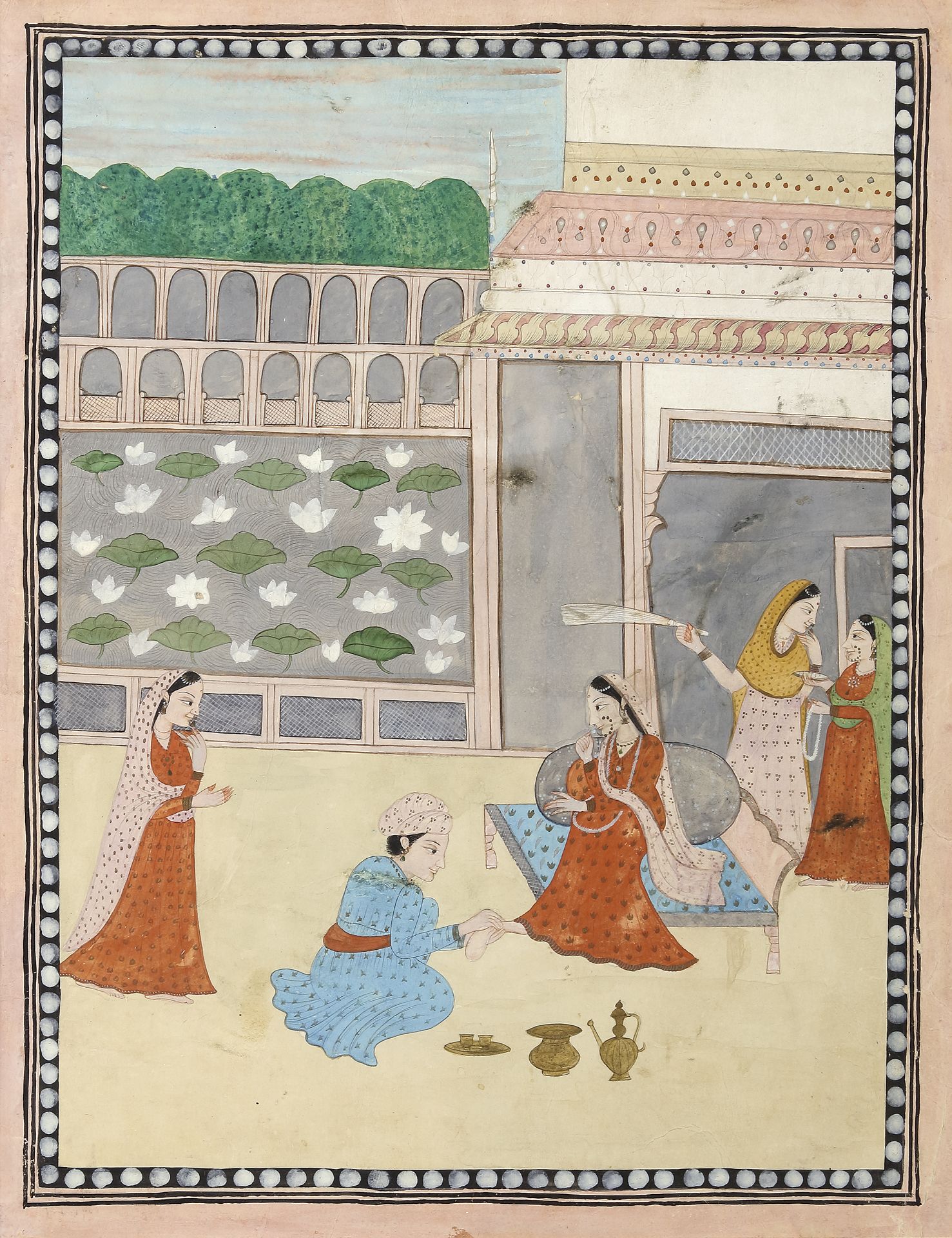 A PRINCESS IN A COURTYARD WITH ATTENDANTS, KANGRA NORTH INDIA, LATE 19TH CENTURY - Image 2 of 2
