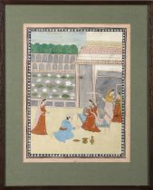 A PRINCESS IN A COURTYARD WITH ATTENDANTS, KANGRA NORTH INDIA, LATE 19TH CENTURY