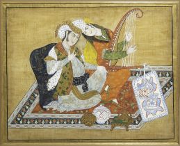 A SAFAVID STYLE PAINTING OF A COUPLE ON TEXTILE, PERSIA, QAJAR, EARLY 20TH CENTURY