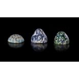 * THREE COBALT-BLUE, GREEN AND TURQUOISE GLASS GAMES PIECES, MESOPOTAMIAN REGION, 8TH-9TH CENTURY