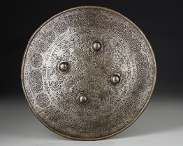 A QAJAR DAMASCENED STEEL SHIELD, PERSIA, EARLY 19TH CENTURY