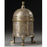 A MAMLUK REVIVAL SILVER INLAID INCENSE BURNER, SYRIA, EARLY 20TH CENTURY