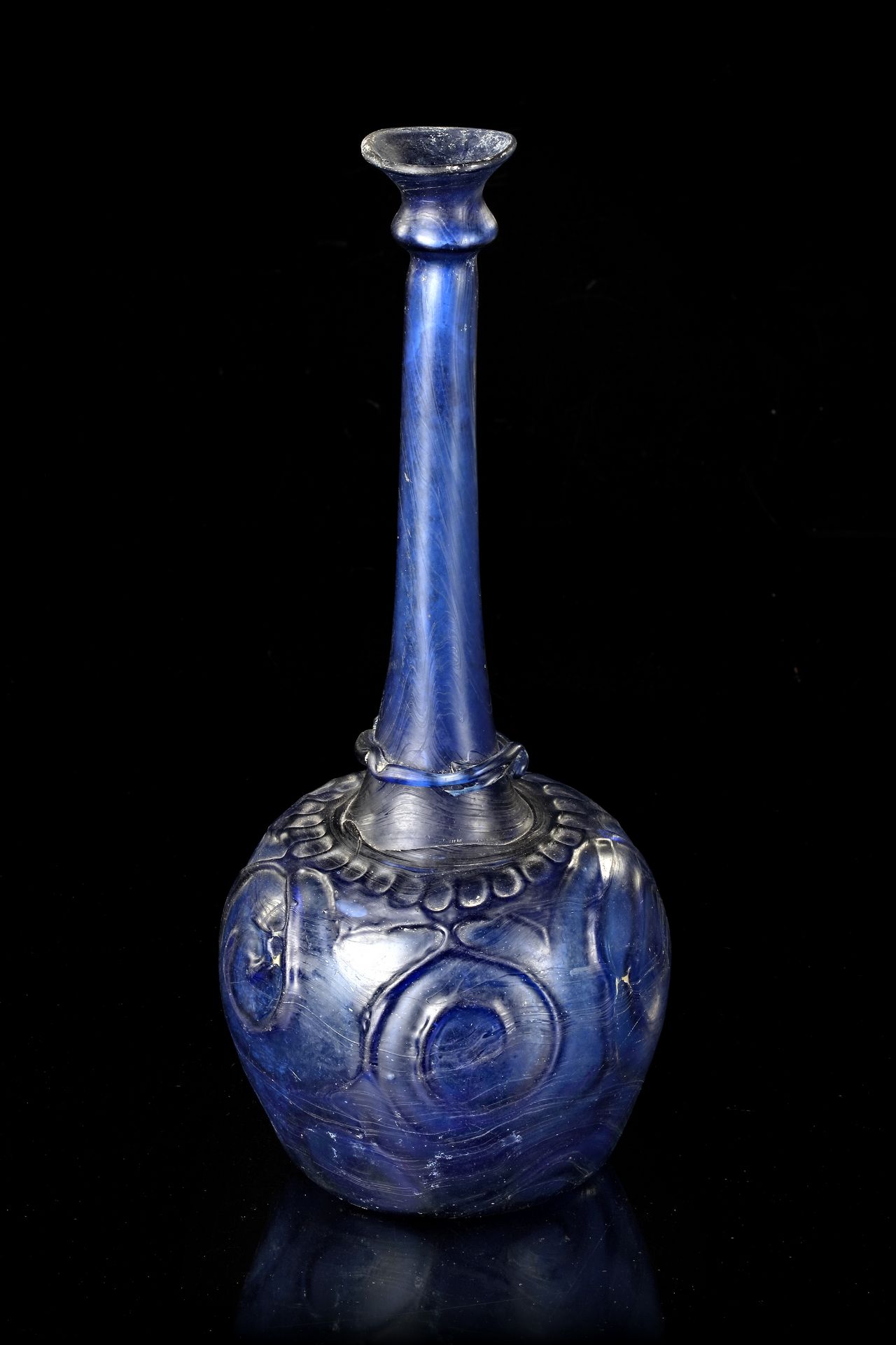 A LARGE MOULD-BLOWN BLUE GLASS BOTTLE-VASE OR SPRINKLER, PERSIA, 12TH CENTURY - Image 2 of 4