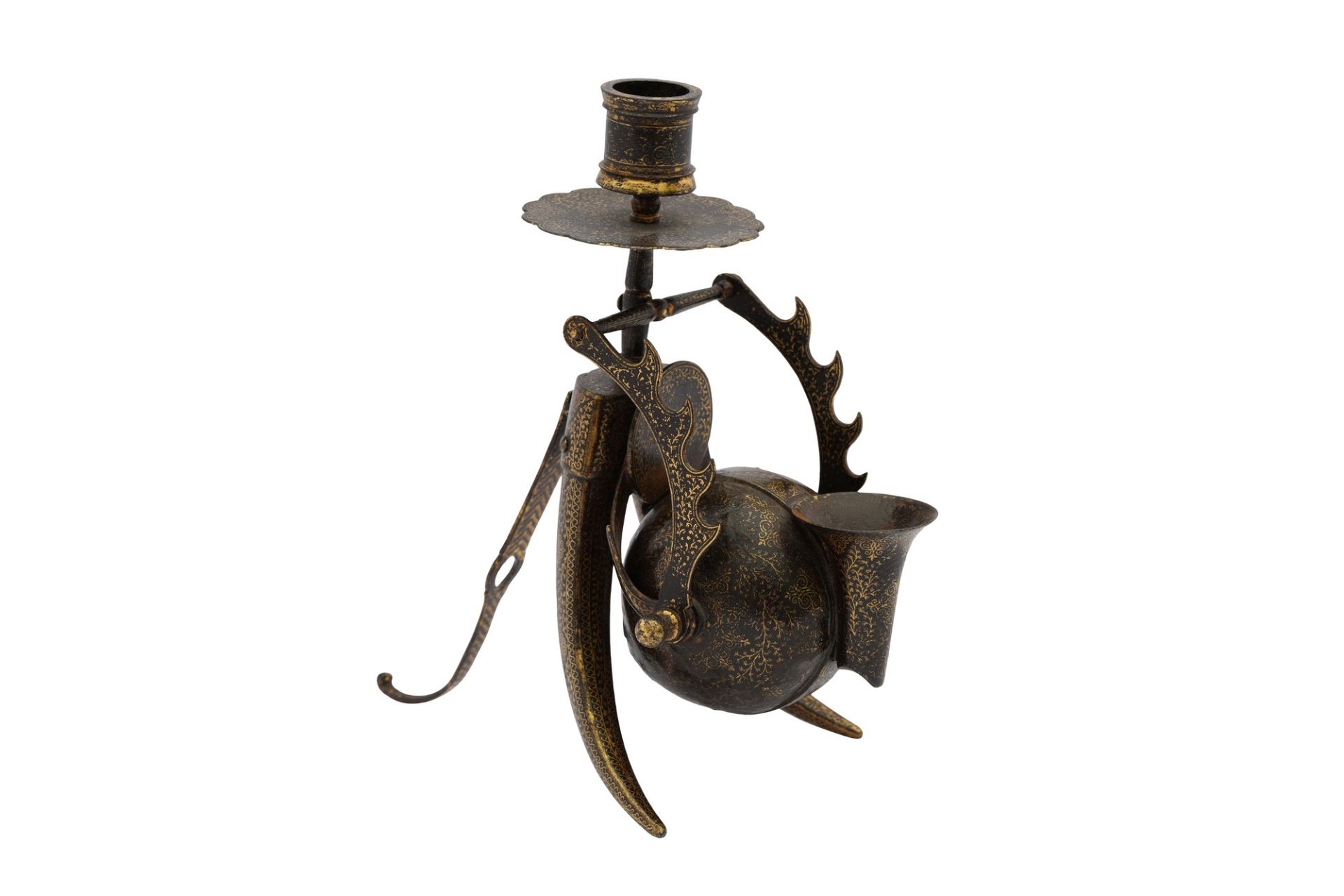 A KOFTGARI STEEL INKWELL AND CANDLESTICK, INDIA, LATE 19TH CENTURY