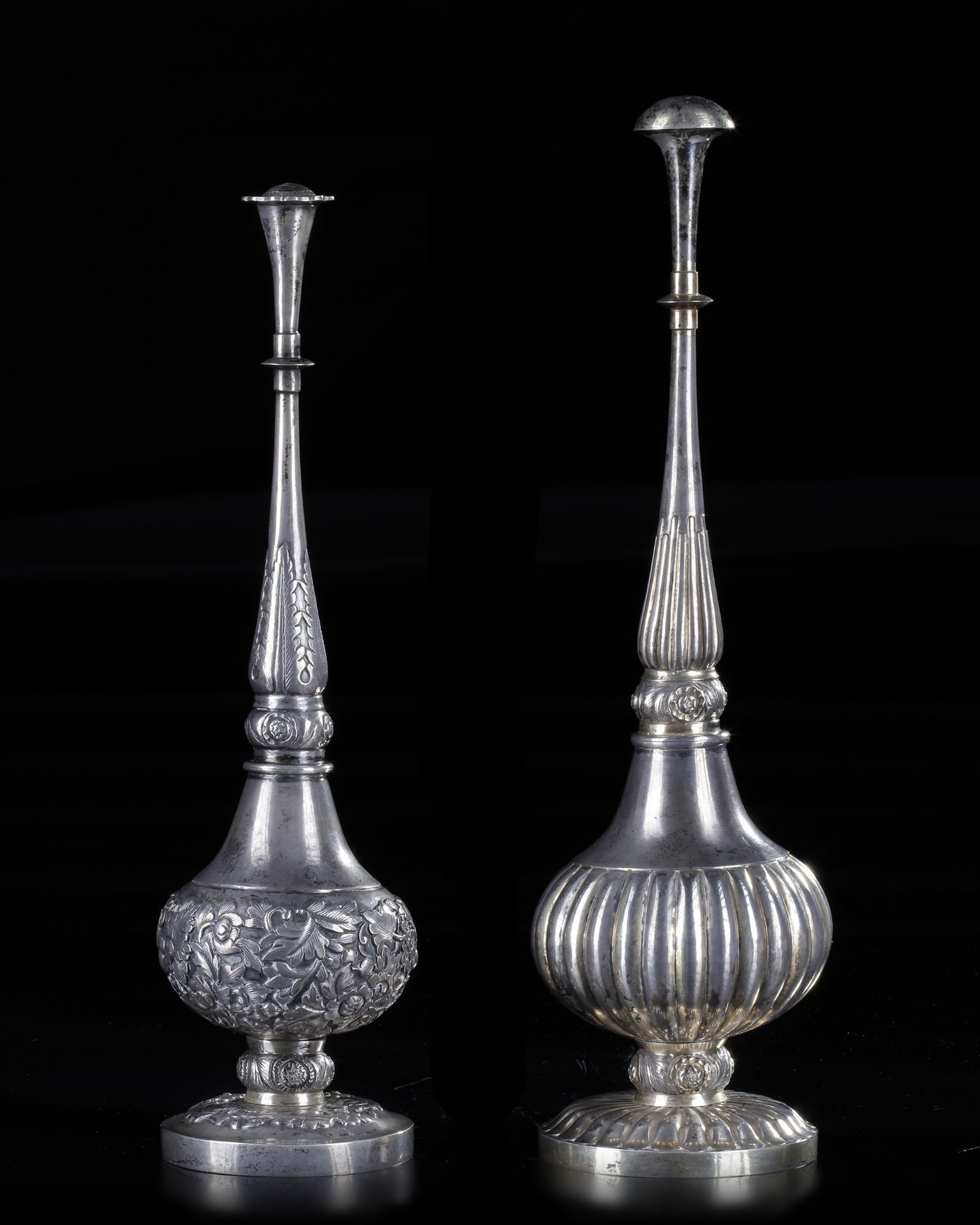 TWO OTTOMAN SILVER ROSEWATER SPRINKLERS, 19TH CENTURY