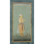 A STANDING PORTRAIT OF A MUGHAL NOBLE, GOUACHE HEIGHTENED WITH GOLD ON PAPER, INDIA, CIRCA 18TH CENT