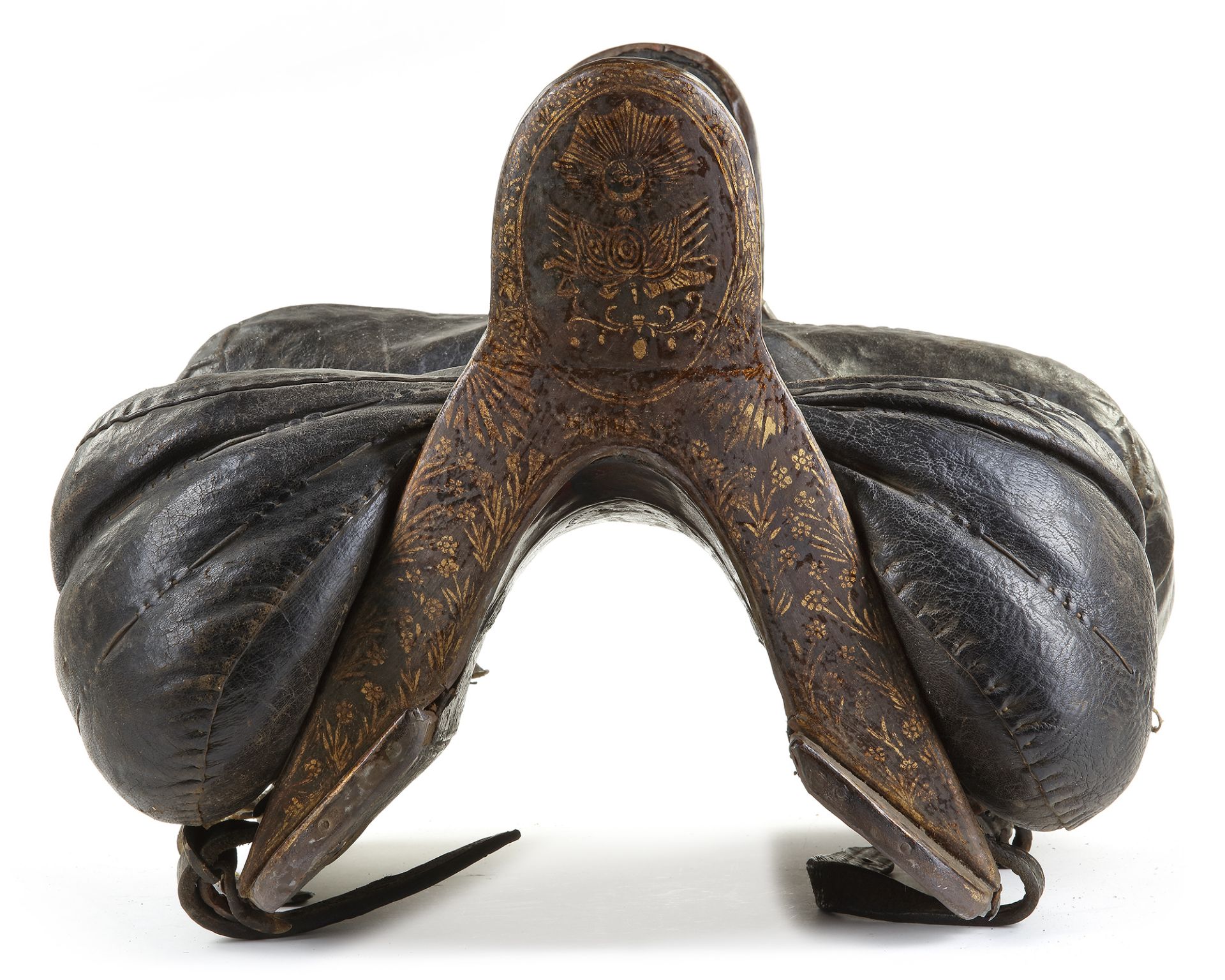 AN OTTOMAN LACQUER WOODEN SADDLE AND LEATHER COVER, EARLY 19TH CENTURY - Image 2 of 4