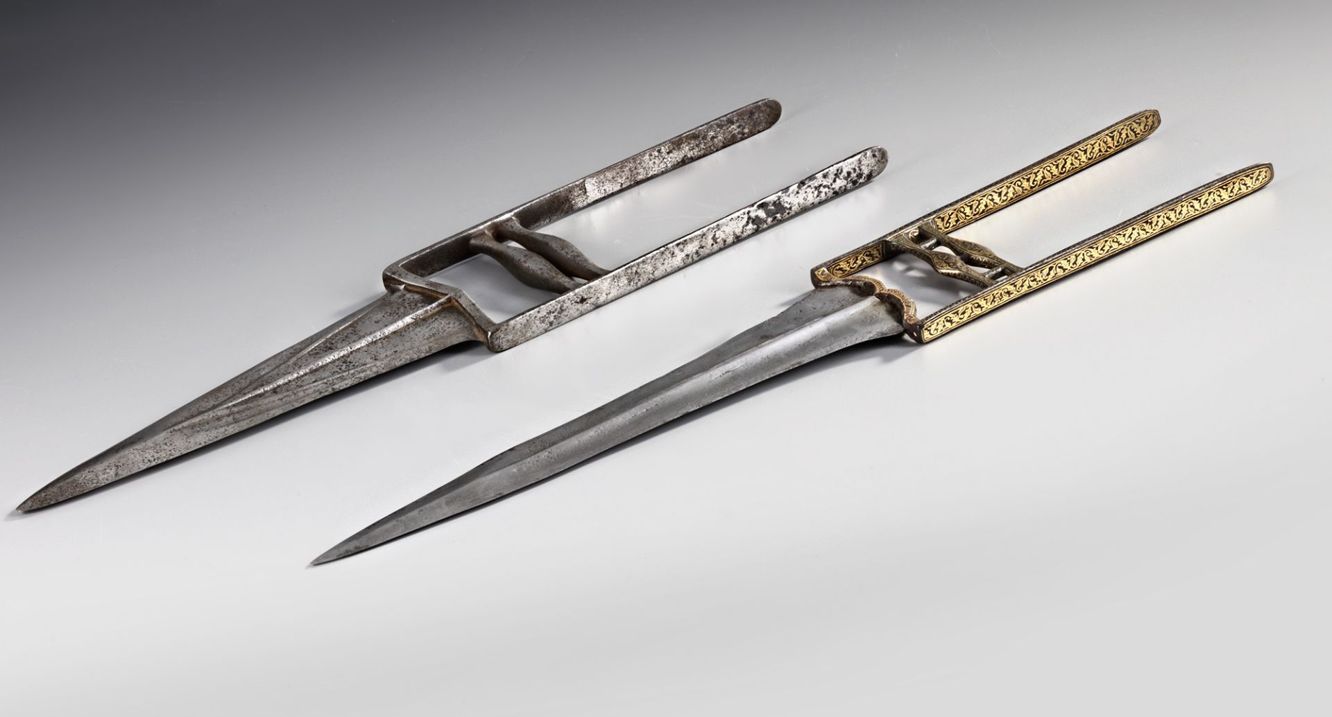 TWO KOFTGARI STEEL PUSH DAGGERS (KATAR) NORTH INDIA, 18TH CENTURY