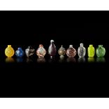 A COLLECTION OF 10 SNUFF BOTTLES IN VARIOUS MATERIALS, QING DYNASTY (1662-1912)