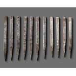 A PERSIAN SET OF ELEVEN INSCRIBED STEEL DIVINATION RODS, 19TH CENTURY