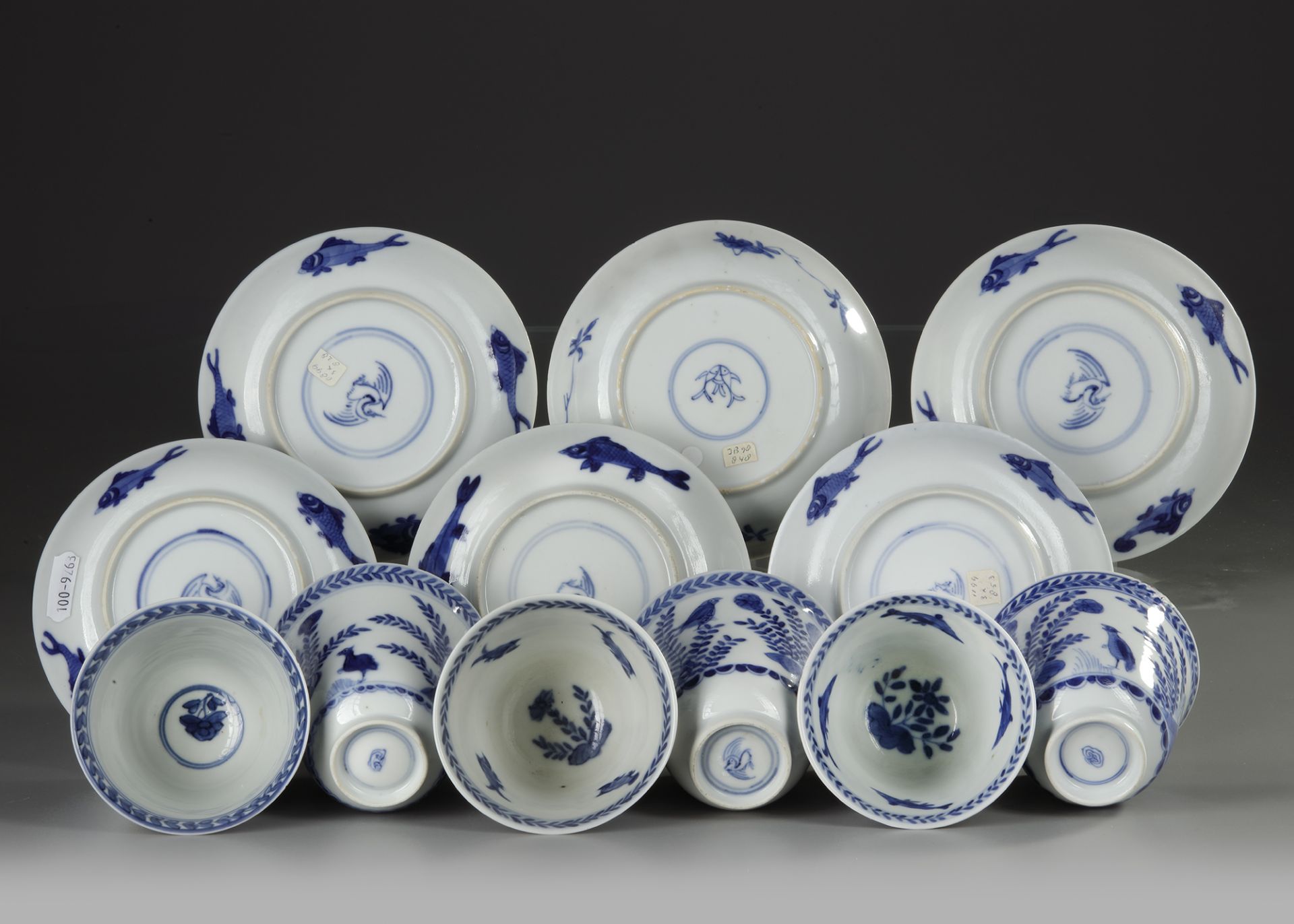 SIX CHINESE BLUE AND WHITE 'CUCKOO IN THE HOUSE' CUPS AND SACUERS, 18TH CENTURY - Image 3 of 3
