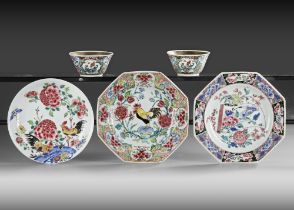 TWO CHINESE FAMILLE ROSE CUPS AND THREE SAUCERS, 18TH CENTURY