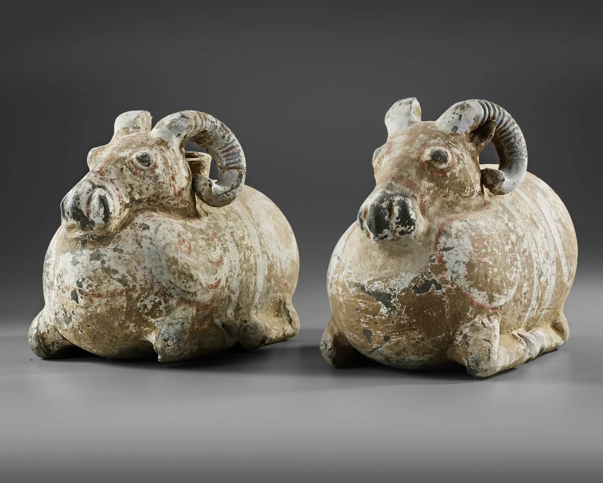 A PAIR OF TERRACOTTA VESSELS IN THE FORM OF A RAM, HAN DYNASTY (206 BC-220 AD) - Image 2 of 6