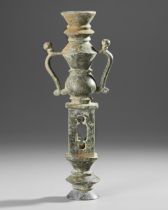 A BRONZE BYZANTINE LAMP WITH TWO HANDLES, 5TH-6TH CENTURY AD