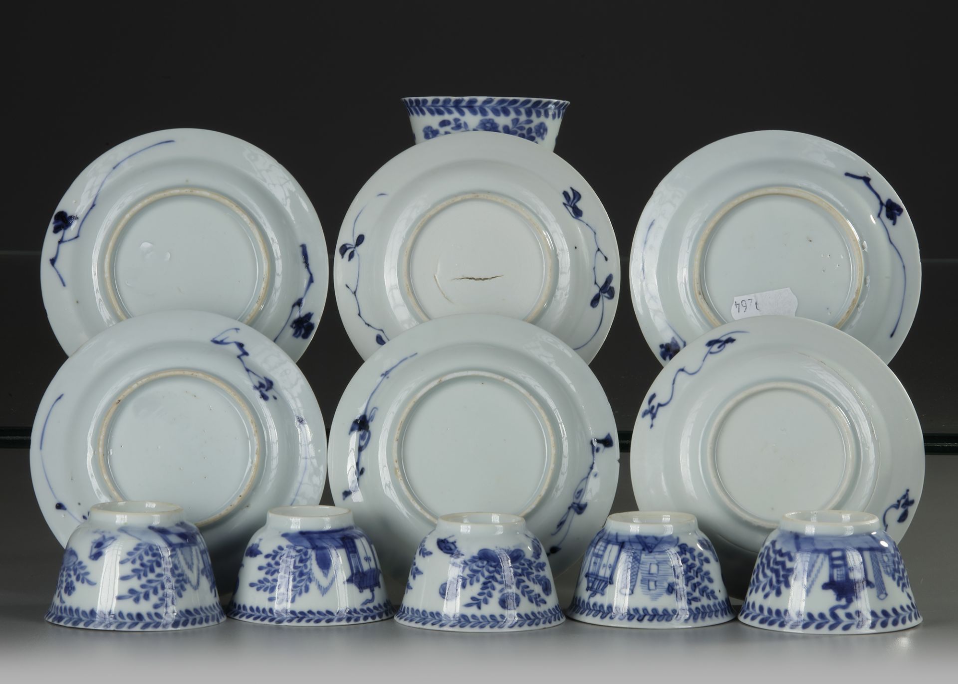 SIX CHINESE BLUE AND WHITE 'CUCKOO IN THE HOUSE' CUPS AND SAUCERS, 18TH CENTURY - Image 4 of 4